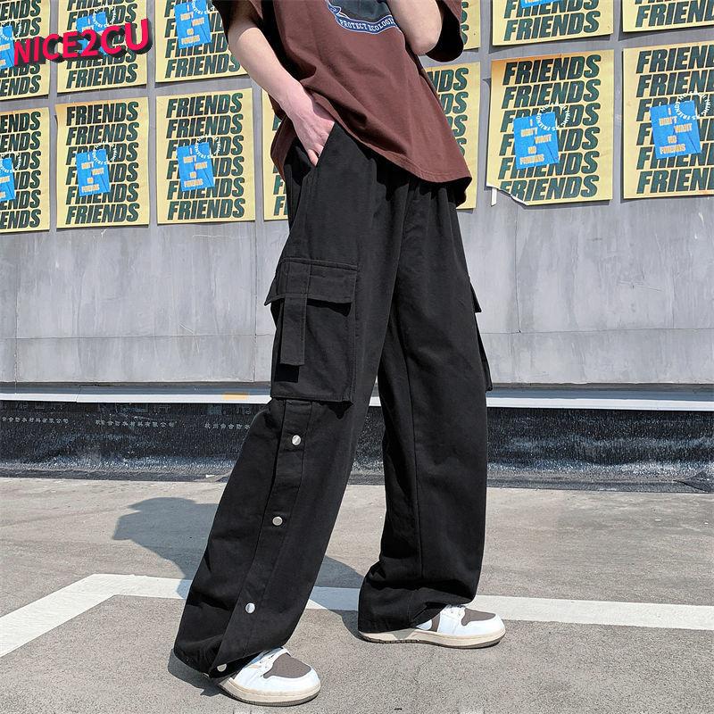 Лето 2023, новые трендовые мужские широкие брюки-карго, корейская уличная одежда, повседневные дизайнерские спортивные штаны большого размера с пуговицами для подростков