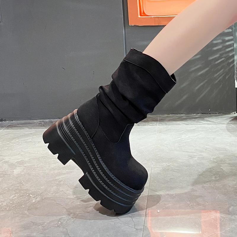 Fashion 10CM New 2024 Autumn Platform Mid-calf Boots High Heels Women Thick Sole Winter Leather Sock Shoes Chunky Motorcycle Boots Woman