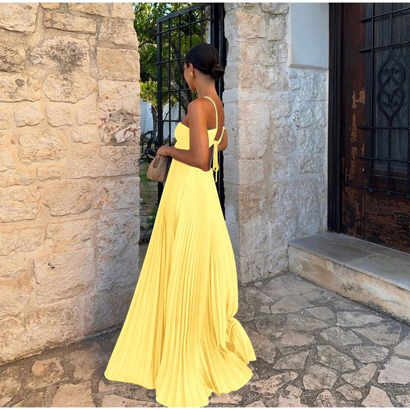 Летнее плиссированное длинное платье с бретелью через шею для женщин, без рукавов, синие пляжные платья для отдыха, женское 2025 модное женское платье А-силуэта