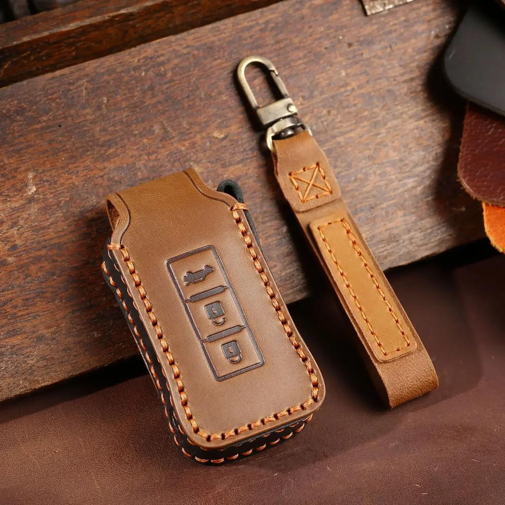Leather Car Key Case Cover Holder Keychain Fob Shell for Mitsubishi L200 ASX Outlander Eclipse Cross Pajero Sport Lancer Key Cov