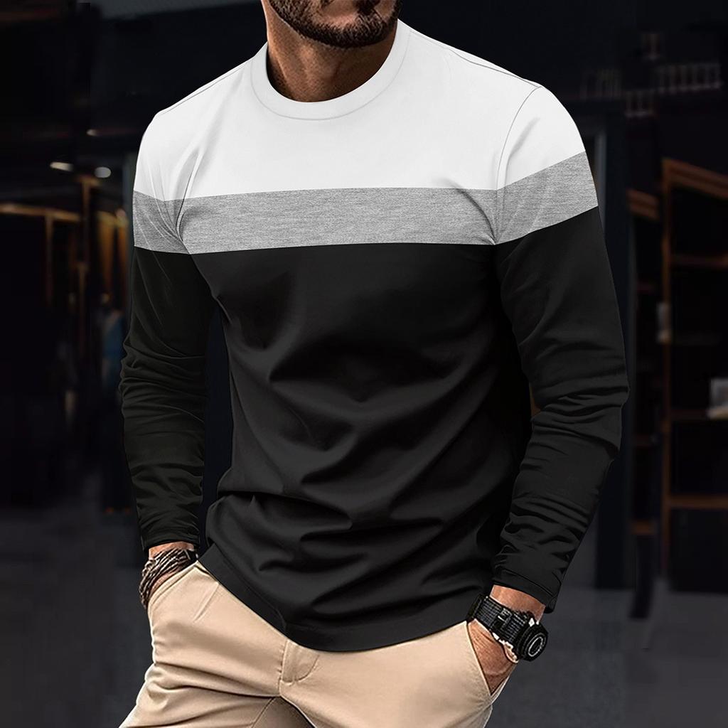 Autumn and Winter Plus Size Round Neck Long Sleeved Color Blocked Base Shirt Pullover Men's T-shirts