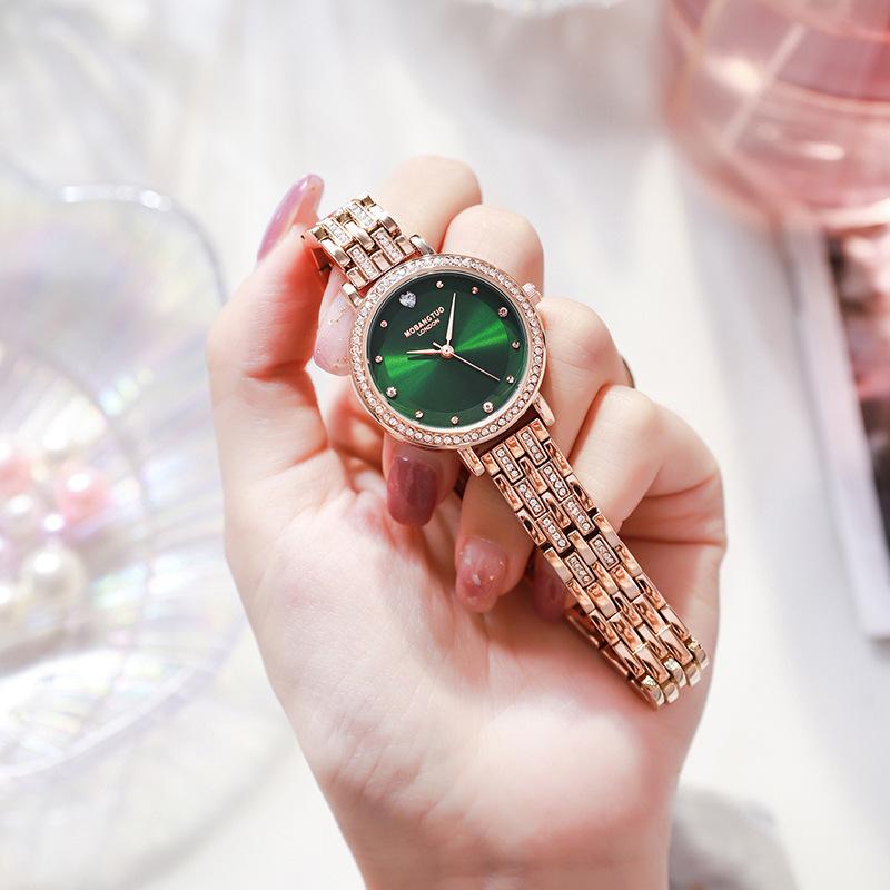 Женские часы со стальным браслетом, инкрустированным бриллиантами, модные, роскошные, простые, градиентные, двухслойный перламутровый циферблат, водонепроницаемые кварцевые часы