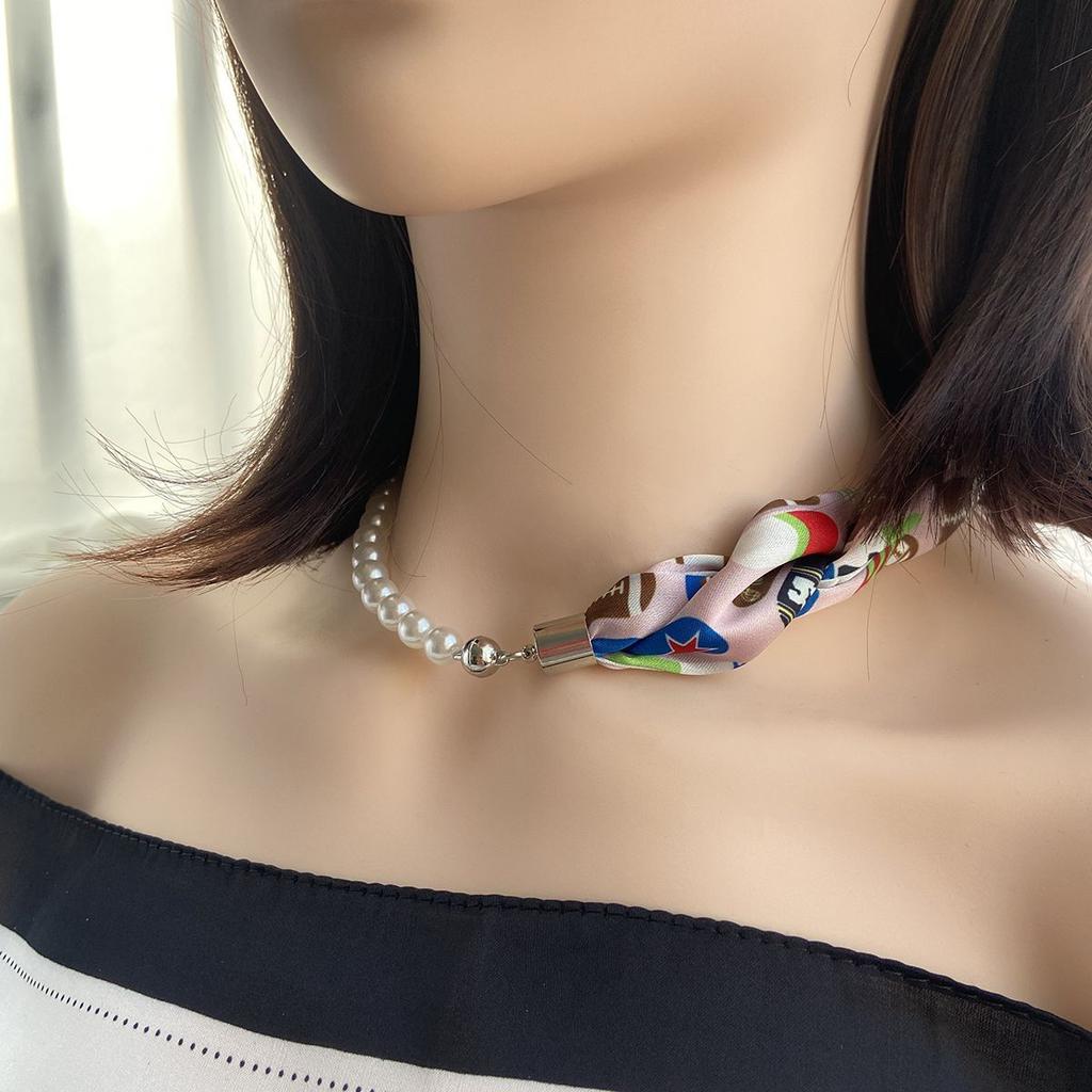 French Silk Scarf Necklace Imitation Pearl Clavicle Neck Magnetic Buckle Scarf
