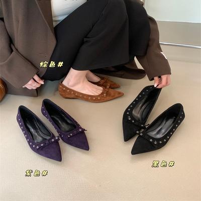 Европейская станция женская обувь 2025 осень мода мягкий бант женские туфли острый носок мелкий вырез универсальный клиновидный каблук рабочая обувь