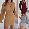 Autumn Winter Sexy Cross V Neck Batswing Sleeve Solid Color Wrap Hip Woolen Dress