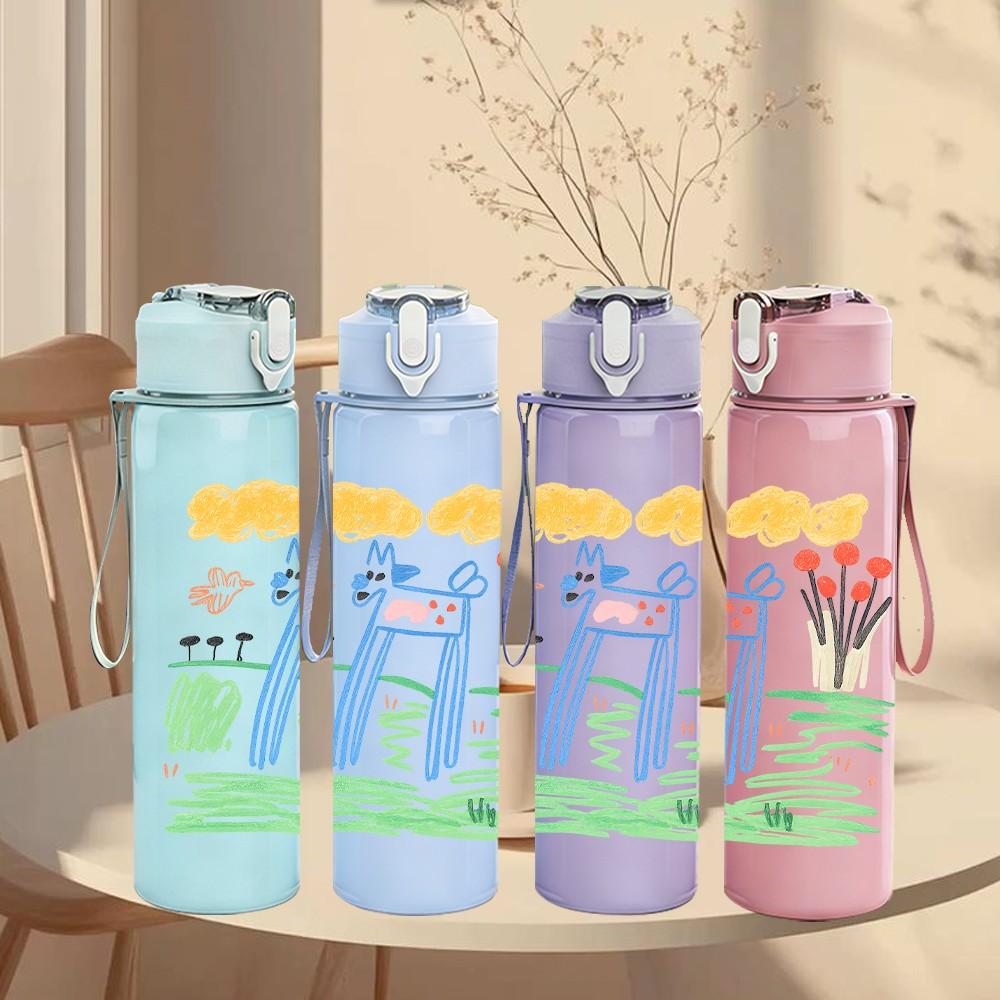 1PC Simple Children Drawing Layout 750ml Color Plastic Sports Water Bottle Leakproof Flip Straw Lid For Sports Office Home Use