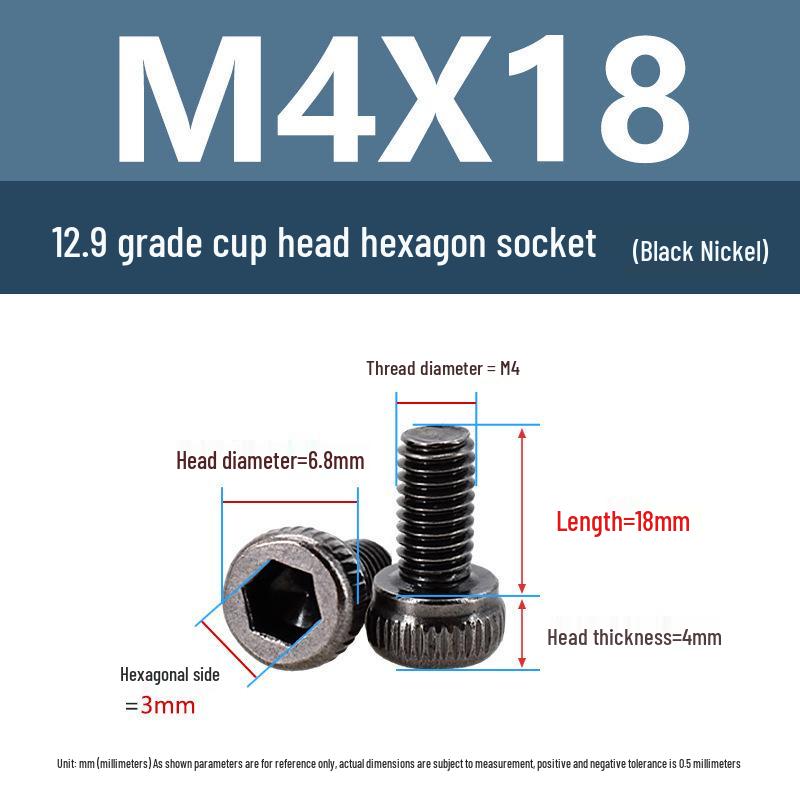 Yigu High-Strength Black Nickel Hex Socket Screw, M1.6-M4, Knurled Cup Head Bolt, 12.9 Grade.