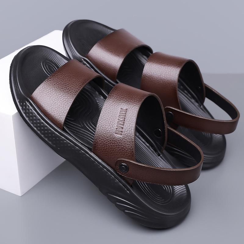 Summer New Leather Sandals for Men Fashion Casual Solid Color Dual-use Beach Shoes Male Soft Sole Designer Slipper Shoes Man