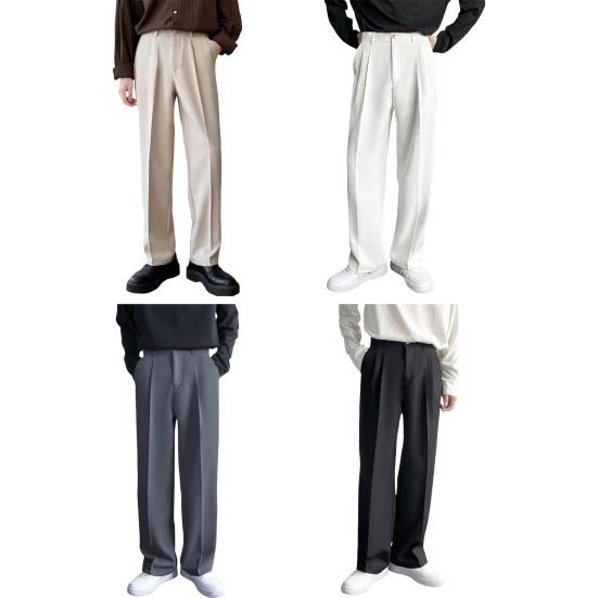 Men Suit Pants Button Zipper Closure Straight Leg Slacks Solid Color Loose Formal Business Style Office Wear Trousers