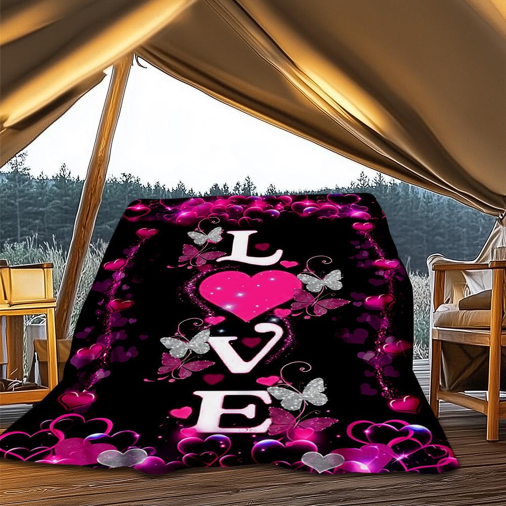 1pc Love Hearts Butterfly Print Outdoor Flannel Blanket Soft All Season Polyester Throw , Perfect for Picnics & Travel , Picnic Accessory