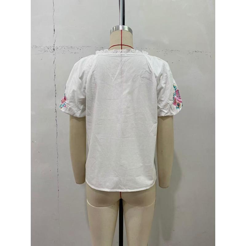 Женская летняя повседневная модная рубашка с V-образным вырезом и вращающейся манжетой, вышитая