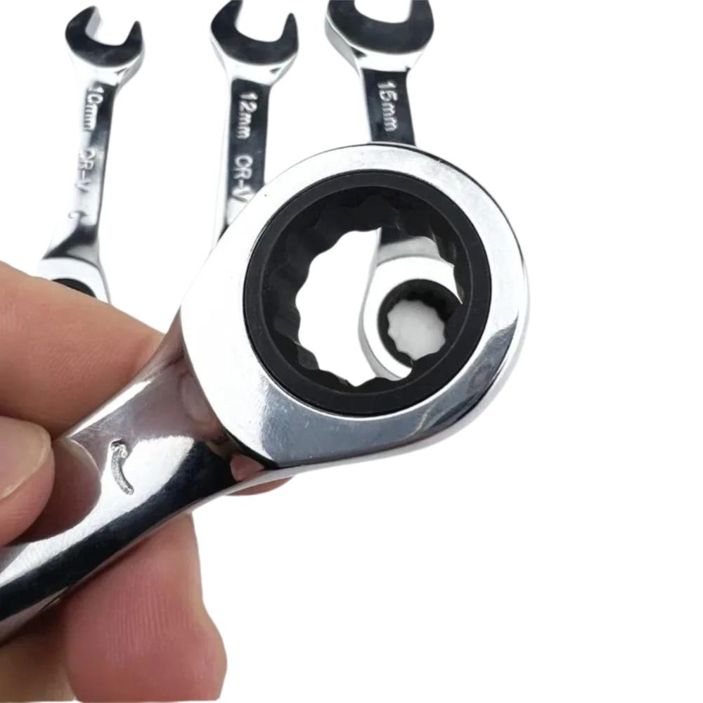 CR-V Steel Stubby Ratcheting Combination Wrench 8mm-17mm Ratcheting Spanner  Auto Repair