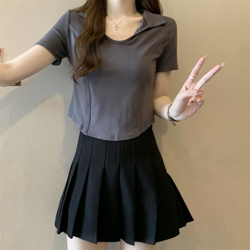 Женская летняя облегающая хлопковая футболка-поло с рисунком «рыбьи кости» и фирменным логотипом