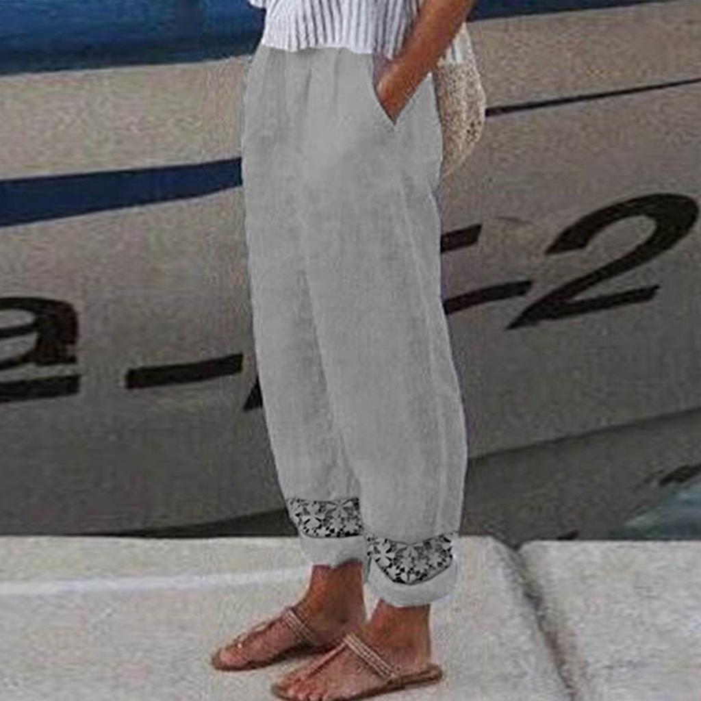 Женские повседневные однотонные кружевные девятиминутные брюки, свободные прямые брюки с эластичной резинкой на талии, удобные карманные девятиминутные брюки