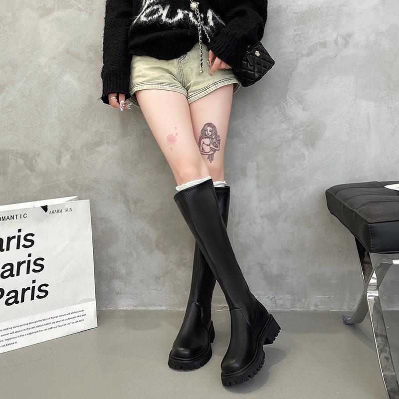 Мода 2024 года, горячая распродажа, новые осенне-зимние женские элегантные ботинки с круглым носком, однотонные, износостойкие женские туфли длиной до колена