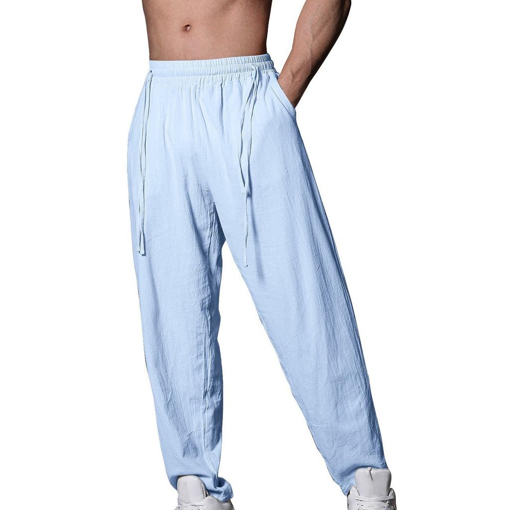 Мужские летние повседневные брюки на шнурке Мужские дышащие брюки из хлопка и льна