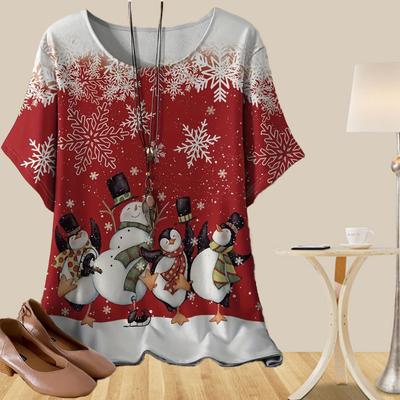 Женская повседневная свободная весенняя рубашка, женские топы с коротким рукавом и принтом рождественского снеговика