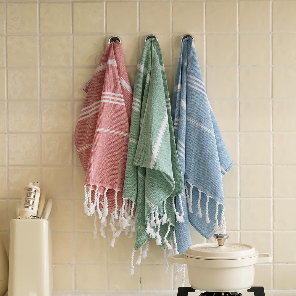 Quick Dry White Turkish Cotton Woven Square Beach Dish Towels Striped Pattern Disposable Antimicrobial Hypoallergenic