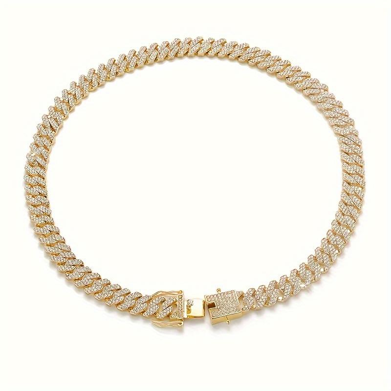 Bling Dog Collar Necklace with Cuban Link, Top Safety Lock, and Faux Diamond Rivets, for Medium To Large Dogs