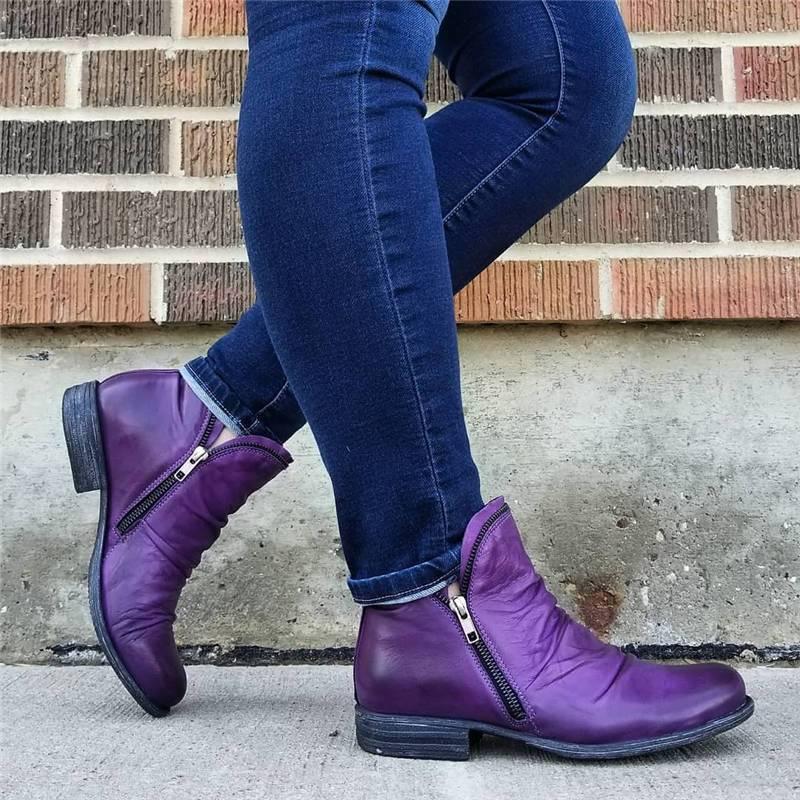 Women's Fashion Chunky Low Heel Zipper Ankle Boots Solid Color Faux Leather Short Boots Casual Flats Autumn and Winter Ladies Slip On Shoes