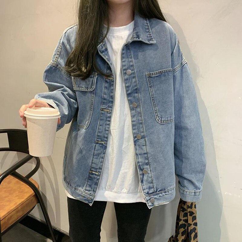 Women Jean Jacket Plus Size Denim Coat Spring Autumn Single Breasted Solid Color Pocket Denim Jacket