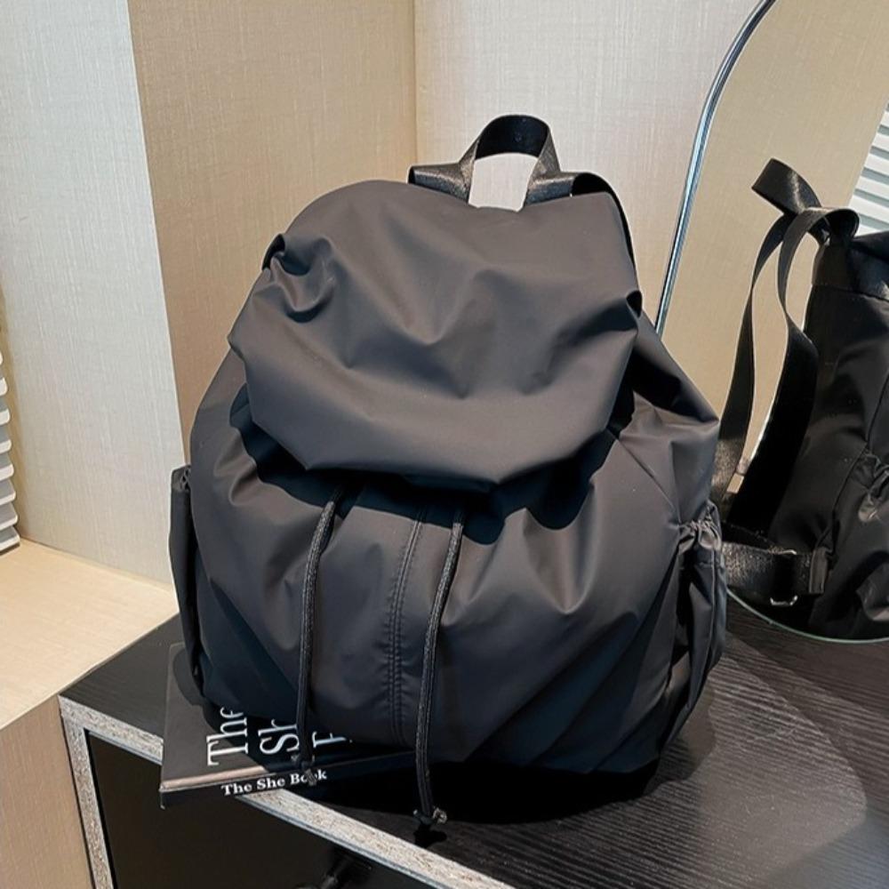 Pleated Drawstring Backpack Flap Sports Shoulders Bag Fashion Nylon Backpack Travel