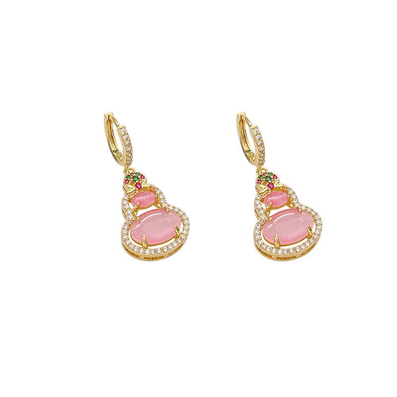 Real gold electroplated zircon gourd pendant ear buckle new versatile earrings light luxury high-end earrings women