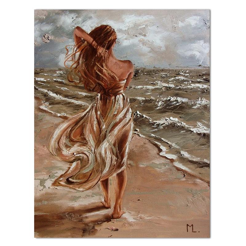 Красивая девушка на берегу моря, картина маслом, холст, HD печать, женские настенные художественные фотографии, украшение для гостиной, дома