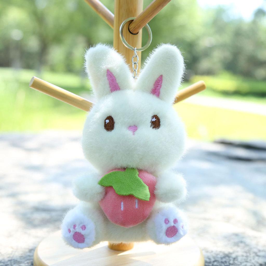 Plush Bunny Toy Keychain With Strawberry Design For Kids Gift And Bag Accessory