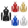 Women Latin Cha Cha Leotard Cross Front Glitter Sequins Tassel Design Metallic Gloves Performance Costume
