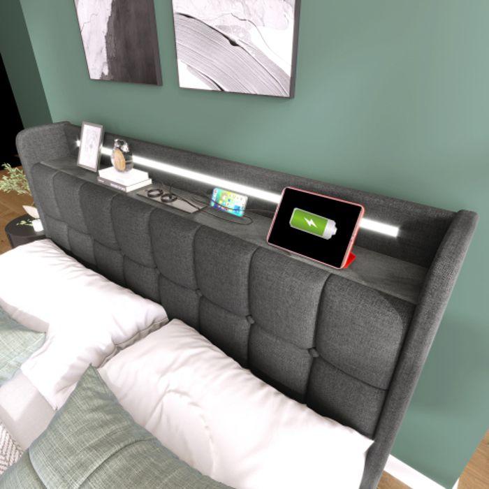 Lit - MUVOE - 140x200 cm - Rembourré avec éclairage LED - 4 tiroirs - Matelas inclus