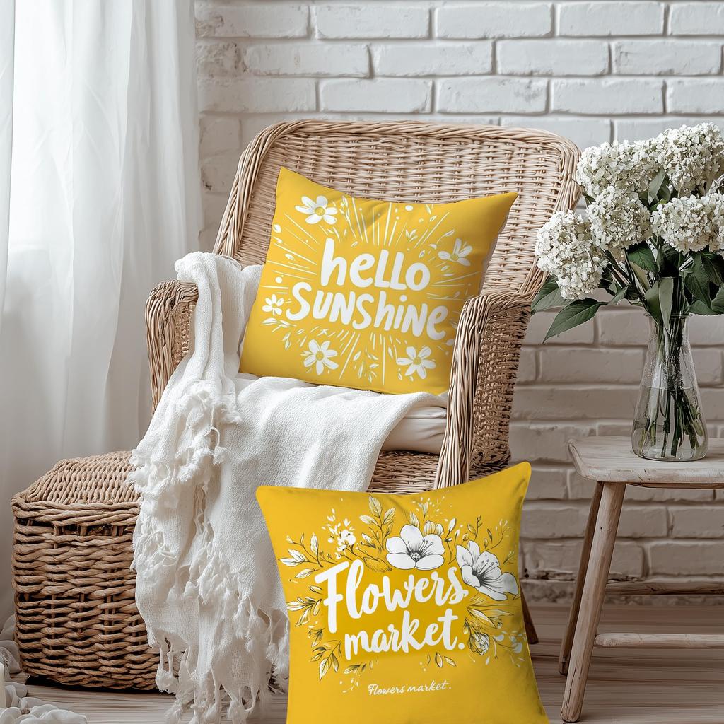 4 Pack Yellow Tulip Pillow Covers Double Sided Print Hello Sunshine Floral Bicycle Cushion Cases Home Decor For Sofa Bedroom