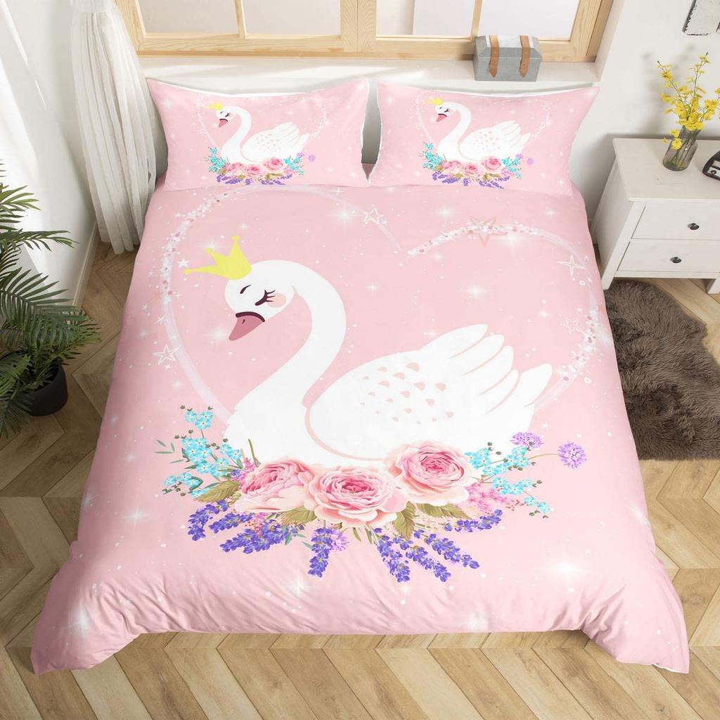 Romantic Swan Duvet Cover Set King Wild Animal Comforter Cover Butterfly Floral Bedding Set For Valentine's Day Wedding Decor