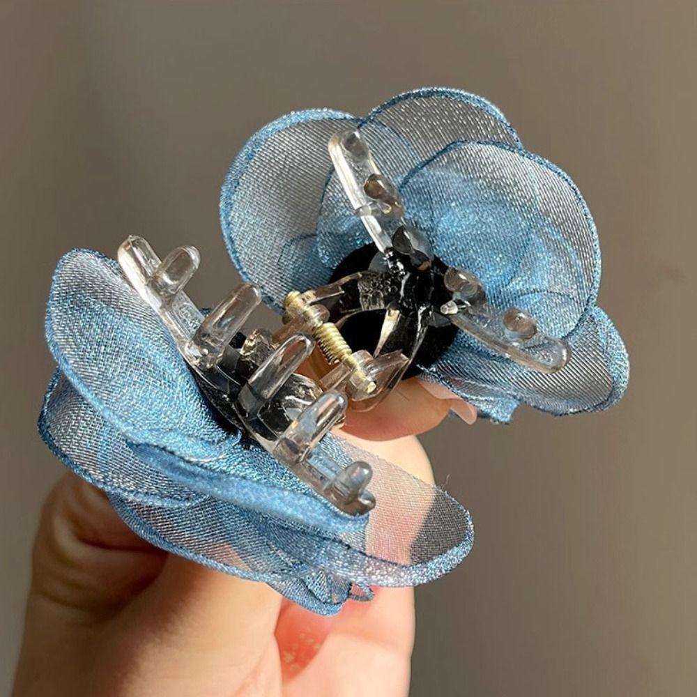 Mesh Camellia Shark Clip Cloth Flower Claw Clip Cute Simulation Flower Hair Claw  Seaside
