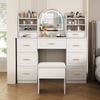 Vanity Table LED Lighting Mirror, 3 Brightness Levels, Modern Dressing Table, 6 Open Shelves, 9 Drawers, Stool, Wood, White