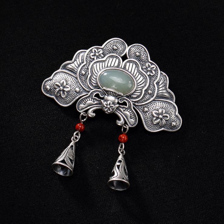 Retro S925 Silver Hetian Jade & Nan Hong Agate Tassel Peony Flower Necklace Pendant for Women