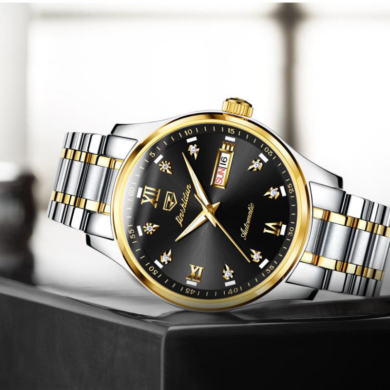 JINSHIDUN Новые деловые и развлекательные мужские часы, полностью автоматические механические часы с двойным календарем и ночной подсветкой, водонепроницаемые часы высокого класса
