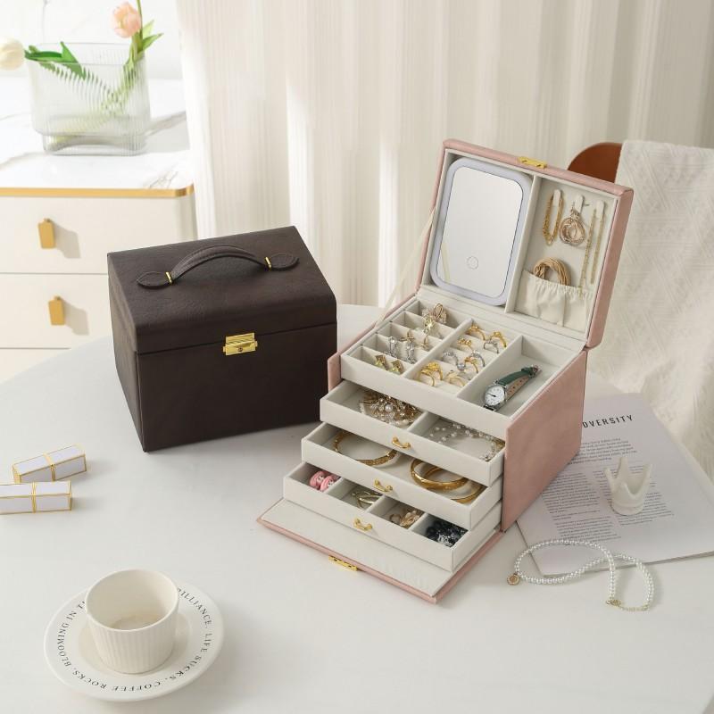 Large Capacity Double Layer Lockable Jewelry Box PU Leather Rings Earrings Necklaces
