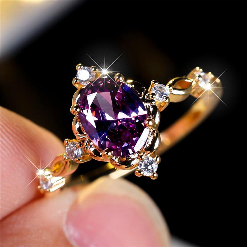 Милое Женское Обручальное Кольцо с Фиолетовым Цирконом Овальной Формы Винтажное Золотого Цвета Свадебные Украшения Для Женщин