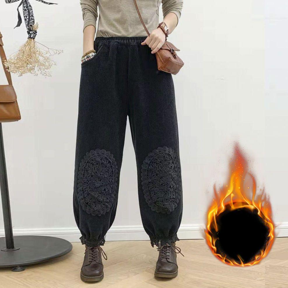 Women Corduroy Plus Plush Harem Pants Autumn Winter High Waist Baggy Trousers Warm Lined Vintage Trousers