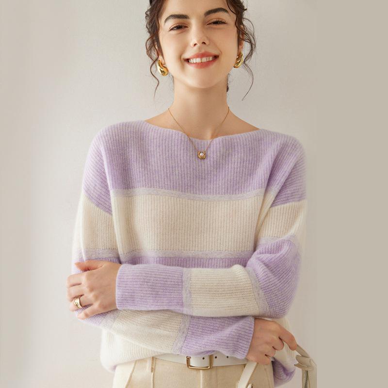 Women's Off-Shoulder Striped Cashmere Sweater - Long Sleeve Knit Pullover
