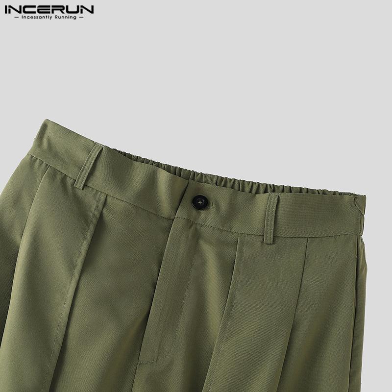 INCERUN Мужские брюки на молнии, эластичные, с высокой талией, повседневные длинные брюки с широкими штанинами