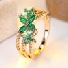 Elegant Green Flowers Zircon Rings For Women Vintage Gold Color Ring Party Temperament Jewelry Gift