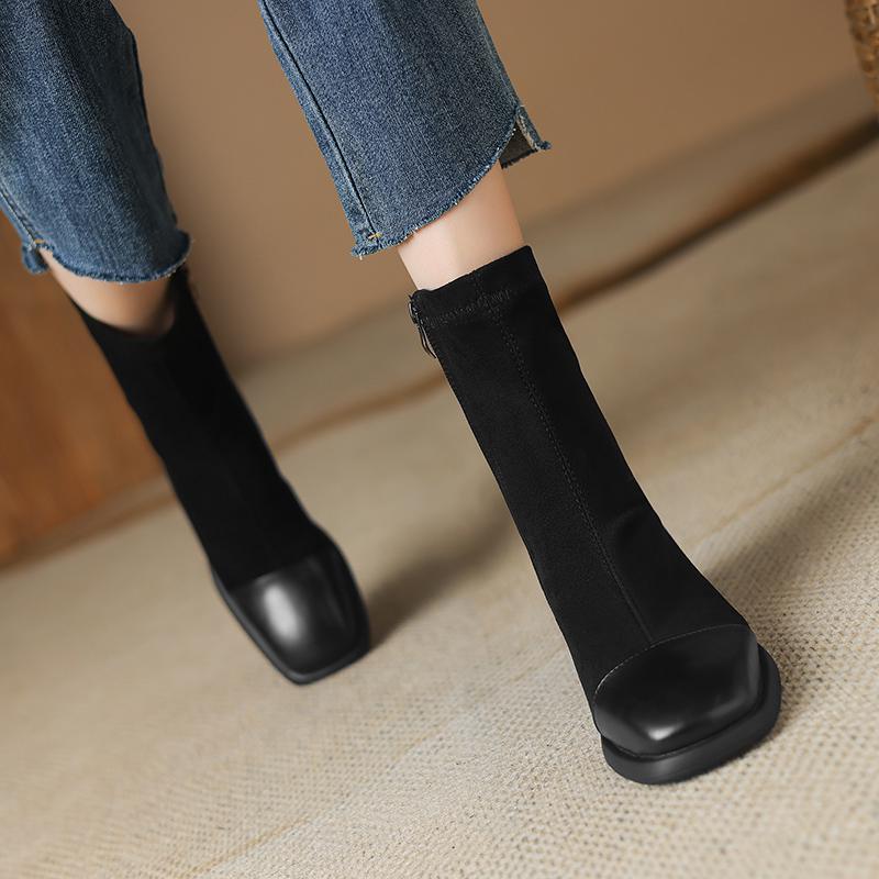 Krazing Pot Flock Autumn Winter Shoes Motorcycle Boots Round Toe Keep Warm Thick Bottom Zipper Stretch Ankle Boots