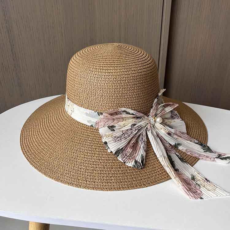Beach hat women's summer face covering UV protection small floral bow sun hat seaside vacation big brim versatile straw hat