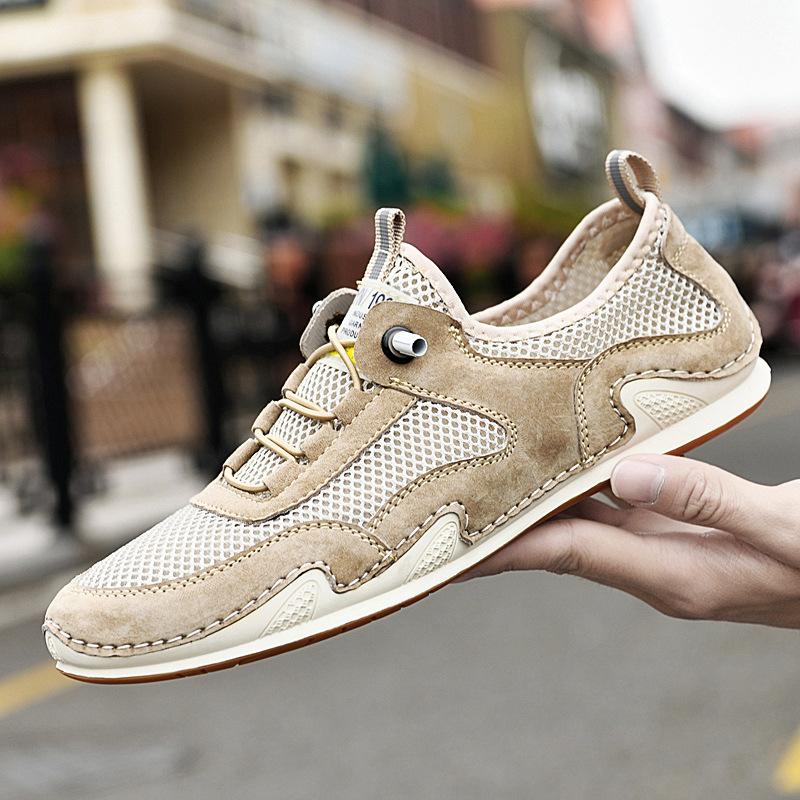 Летние сетчатые дышащие повседневные кожаные туфли мужские из натуральной кожи летние мужские сетчатые мягкие модные шапочки туфли ленивые повседневные туфли