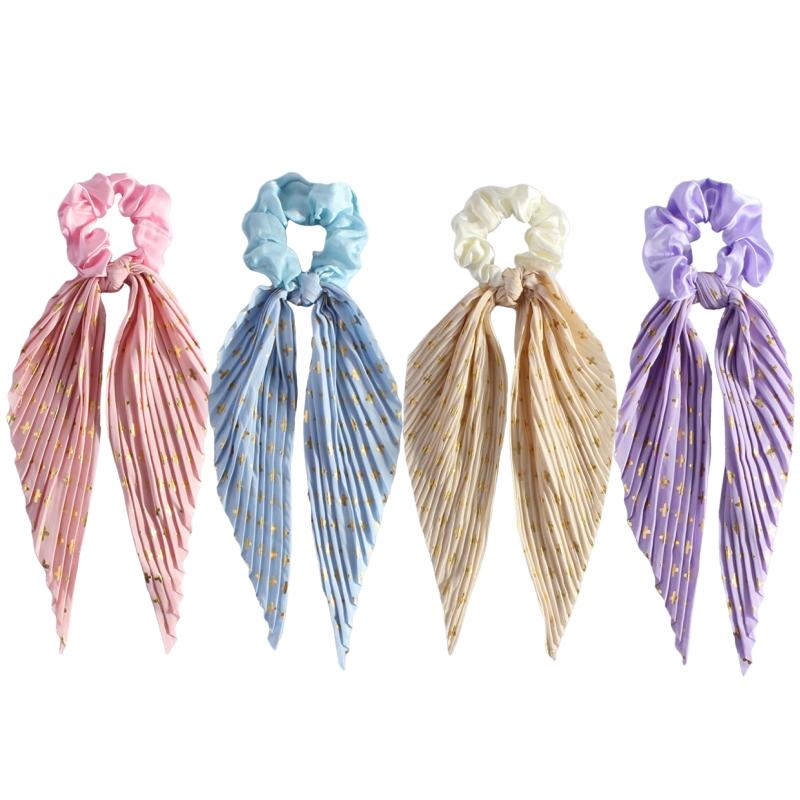 Women Hair Ring with Ribbon Sweet Style Pleated Scrunchies for Girls Elegant Elastic Hair Rubber Bands Girls Hair Tie Headdress