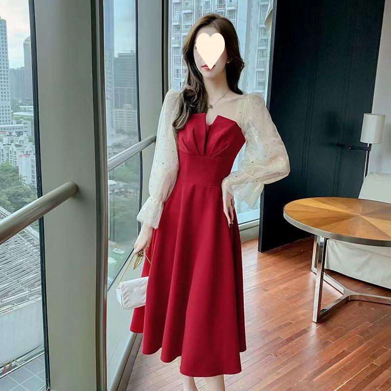 Элегантное красное платье во французском стиле для женщин – весна/осень 2025 г., свадебная помолвка и повседневная одежда