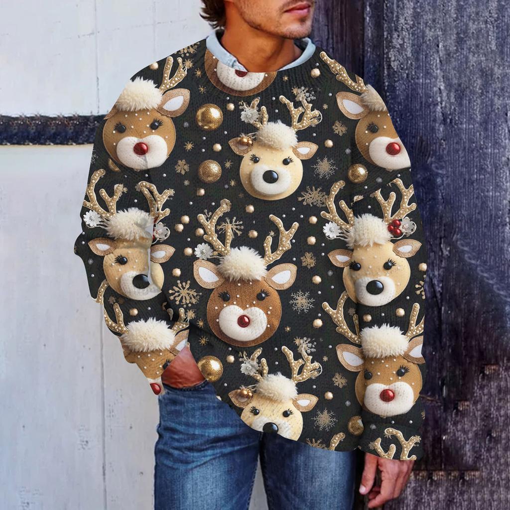 Мужской рождественский принт, искусственный свитер, толстовка с круглым вырезом, свободный топ с длинными рукавами