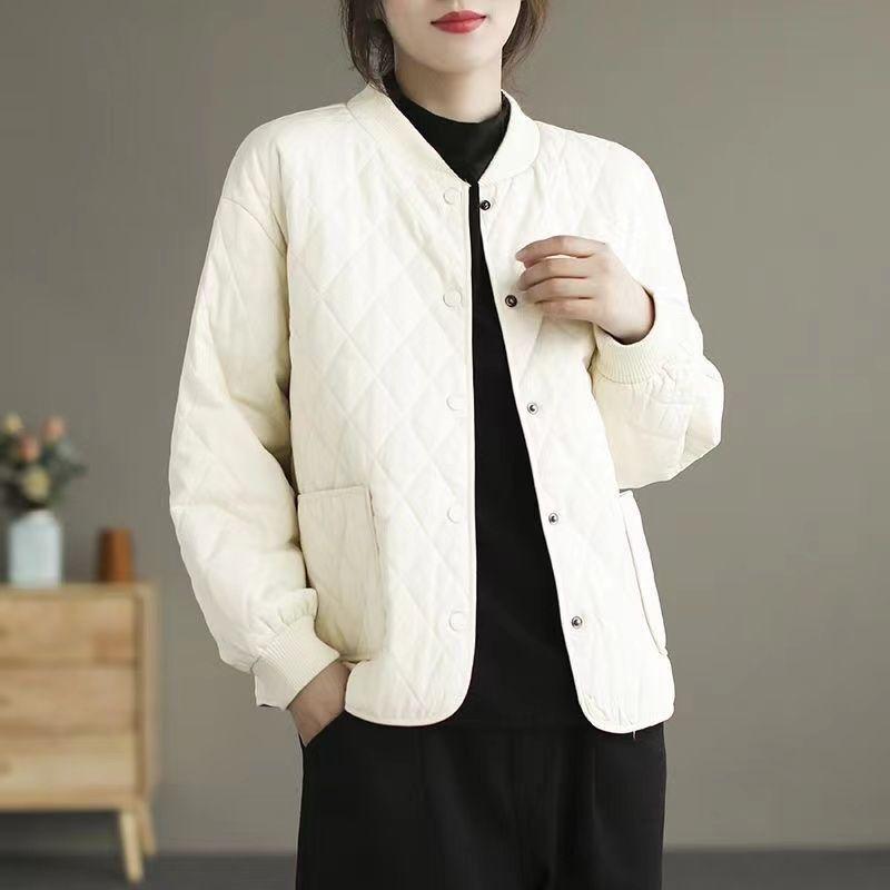 Autumn and Winter Women's Section Loose Solid Color Comfortable Jacket Round Neck Short Section Diamond Lattice Clip Cotton Jacket